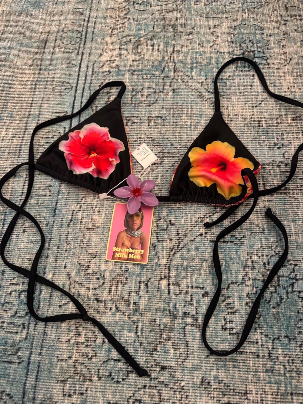 Strawberry Milk Mob Black Bikini Top with Pink and Yellow Floral Prints